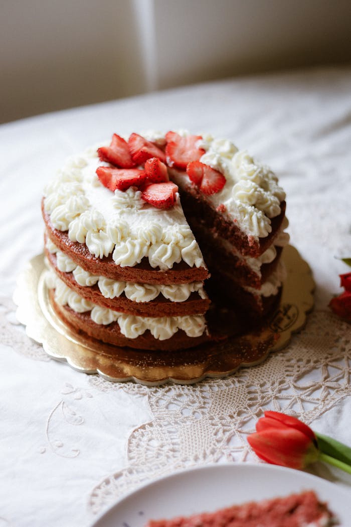 hero-img-01 Delicious strawberry layer cake topped with fresh cream and strawberries, perfect for celebrations.